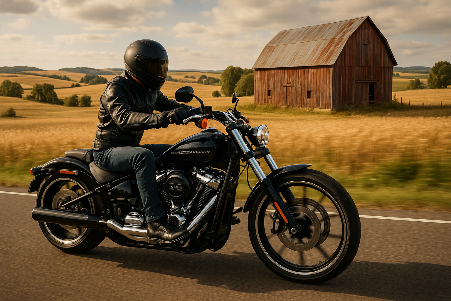 Harley breakout cruising country near old barn